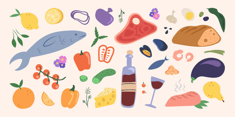 Mediterranean food stickers and drawings of fish, meat, vegetables and fruits, decorative dish arts, ingredients and meals. Restaurant menu's decorations, vector illustration.