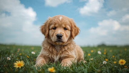 Puppy day dreaming of a sunny day in a grassy field with yellow flowers.