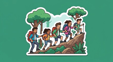 Cartoon Hiking Adventure - A Group of Friends Exploring Nature.
