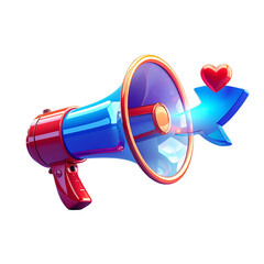 3D Megaphone with Floating Chat Bubble, Heart, and Arrow Icons, Isolated on Transparent Background