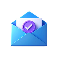 3D Light Blue Envelope with Checkmark Paper Insert, Symbolizing Verified Email, Isolated on Transparent Background