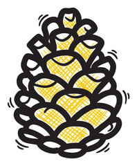 Black and yellow stylized outline of an intricately detailed pinecone with a textured pattern, showcasing natural beauty and botanical design.