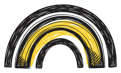 Hand-drawn black and yellow rainbow with three arches on a white background, conveying a whimsical and playful artistic style.