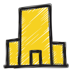Sketched outline of a tall, rectangular building with two smaller rectangular sections, filled with a yellow shading.