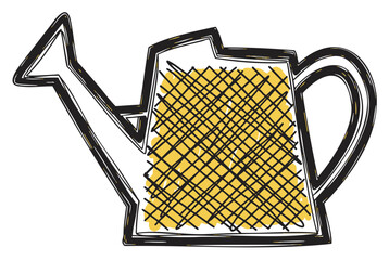 Black outline drawing of a geometric watering can with a yellow crosshatched pattern in the center, representing gardening tools and outdoor activities.