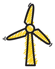 Yellow and black outlined wind turbine icon with three blades, depicted in a doodle style.