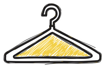 Black outline sketch of a triangular clothing hanger with a yellow scribble pattern inside, emphasizing simplicity and functionality.