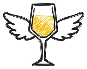 Stylized sketch of a wine glass with wings on a white background, symbolizing flight and celebration in a whimsical design.