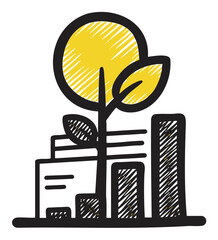 Hand-drawn illustration of a yellow sun and leaf growing over a set of rising black bar graphs, symbolizing growth and environmental progress.