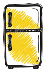 Hand-drawn sketch of a classic two-door refrigerator with bold yellow shading on the doors, featuring prominent black handles and accents.