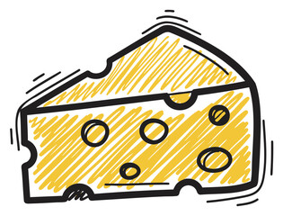 Yellow wedge of swiss cheese with distinctive holes and bold black outline on a white background.