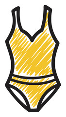 Black outline vector icon of a simple yellow one-piece swimsuit with a sketched interior. minimal linear style for fashion, summer, and beachwear concepts.