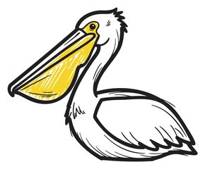 Simplistic black outline of a pelican with yellow accents, featuring prominent beak and detailed feathers.