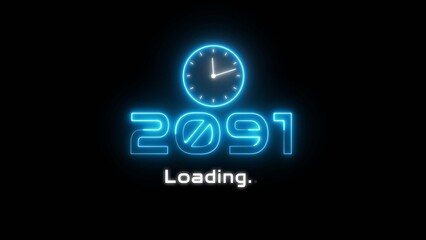 Neon light new year text illustration. Neon year's with clock symbol.