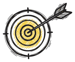 Hand-drawn target with concentric circles and an arrow hitting the bullseye, symbolizing precision and focus.