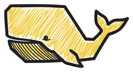 Hand-drawn cartoon of a large yellow whale with a simple black outline, showcasing its tail and mouth in a playful manner.