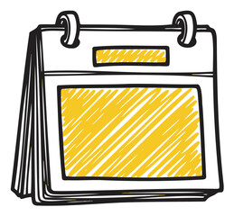 Hand-drawn sketch of a desktop calendar with spiral binding and a yellow highlighted area on the front page.