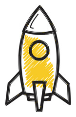 Black outline vector icon of a simple rocket ship with yellow shading on the body and fins, representing space exploration and innovation.