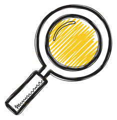 Hand-drawn magnifying glass with a black outline and yellow scribbled lens, conveying exploration and search concepts.