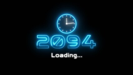 Neon light new year text illustration. Neon year's with clock symbol.