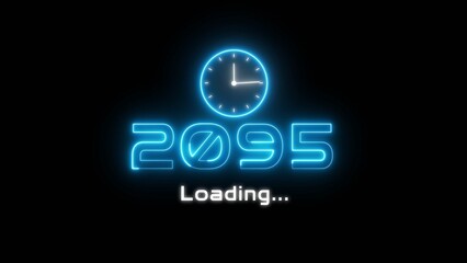 Neon light new year text illustration. Neon year's with clock symbol.