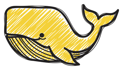 Hand-drawn yellow whale with black outline, featuring textured shading and a smiling expression.