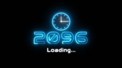 Neon light new year text illustration. Neon year's with clock symbol.