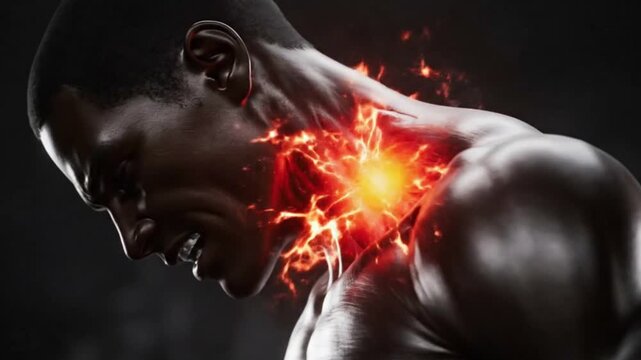 Muscular man with neck pain and inflammation shown with fire effect on dark background illustration