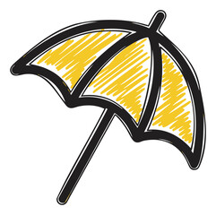Black outline vector icon of a simple sun umbrella with yellow shading, designed for beach and summer concepts.