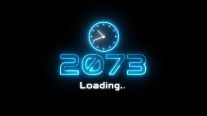 Neon light new year text illustration. Neon year's with clock symbol.