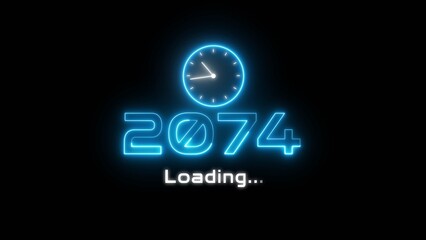 Neon light new year text illustration. Neon year's with clock symbol.