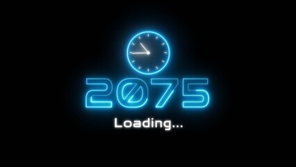 Neon light new year text illustration. Neon year's with clock symbol.