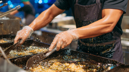 Action shot of kitchen team handling used frying oil for recycling, fryers and busy staff in background, close-up on hands and oil texture