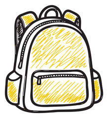 Hand-drawn sketch of a backpack with a front pocket and side pouches, featuring yellow shaded accents for a dynamic, playful appearance.