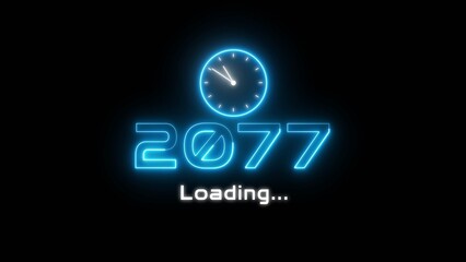 Neon light new year text illustration. Neon year's with clock symbol.