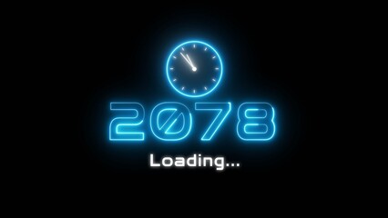 Neon light new year text illustration. Neon year's with clock symbol.