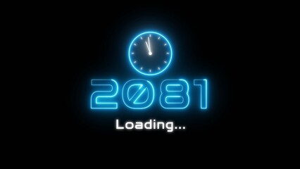 Neon light new year text illustration. Neon year's with clock symbol.