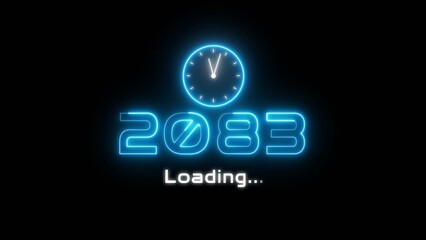 Neon light new year text illustration. Neon year's with clock symbol.