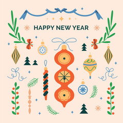 Happy New Year post card design with festive baubles, ornaments and greeting typography. Winter holiday postcard with decorative elements pattern, retro decorations. Flat vector illustration.
