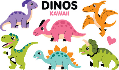 Illustration of seven colorful cartoon dinosaurs on a white background