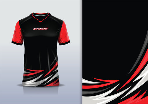 T-shirt mockup with abstract curve lines sport jersey design for football, soccer, racing, esports, running, in red black white color