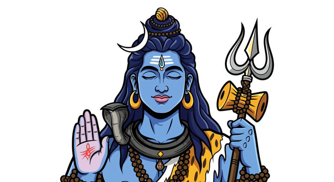 Illustration of Hindu God Shiva with blue skin, crescent moon, cobra, trident, and tiger skin, blessing with open hand.