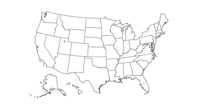 Outline map of the United States of America showing state borders on a white background.