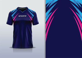 T-shirt mockup with abstract curve lines sport jersey design for football, soccer, racing, esports, running, in blue pink navy color