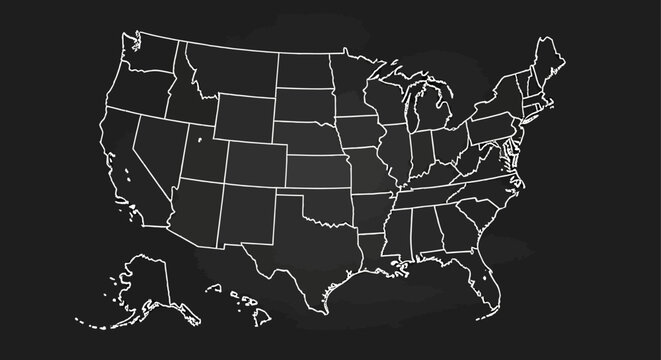 Outline map of the United States of America with state borders on a dark background.