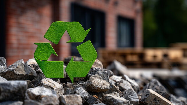 Close-up of a bright green recycling icon resting on a pile of concrete rubble, with a brick wall background, highlighting sustainable building material reuse