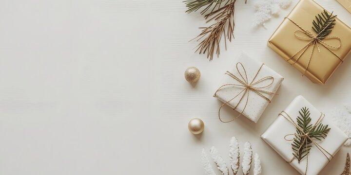 Elegant Christmas gifts, holiday decoration, cozy winter aesthetic background. White and gold presents, festive pine branches, happy new year celebration, product display.