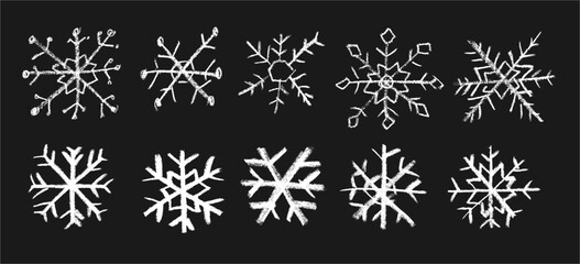 Christmas Snowflake Stars Crayon Chalk Drawing Doodle Vector Set