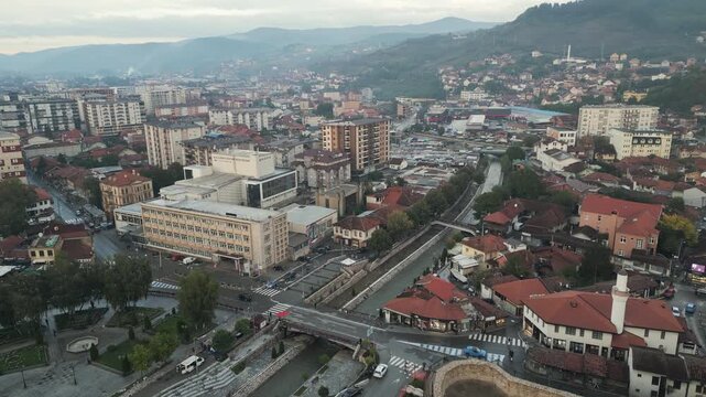 Aerial view of Novi Pazar, a historic town nestled in southwestern Serbia. 