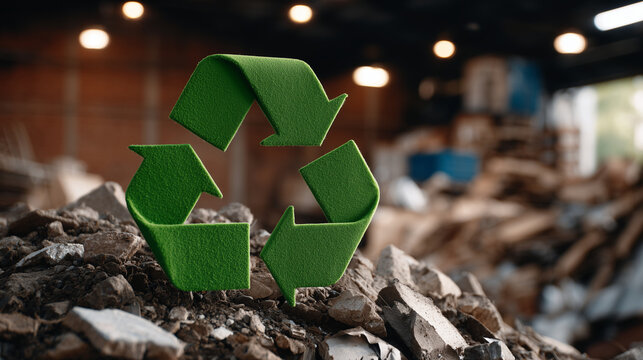 Green recycling symbol standing on uneven pile of construction debris, brick wall in background softly lit, emphasizing sustainability and responsible material management